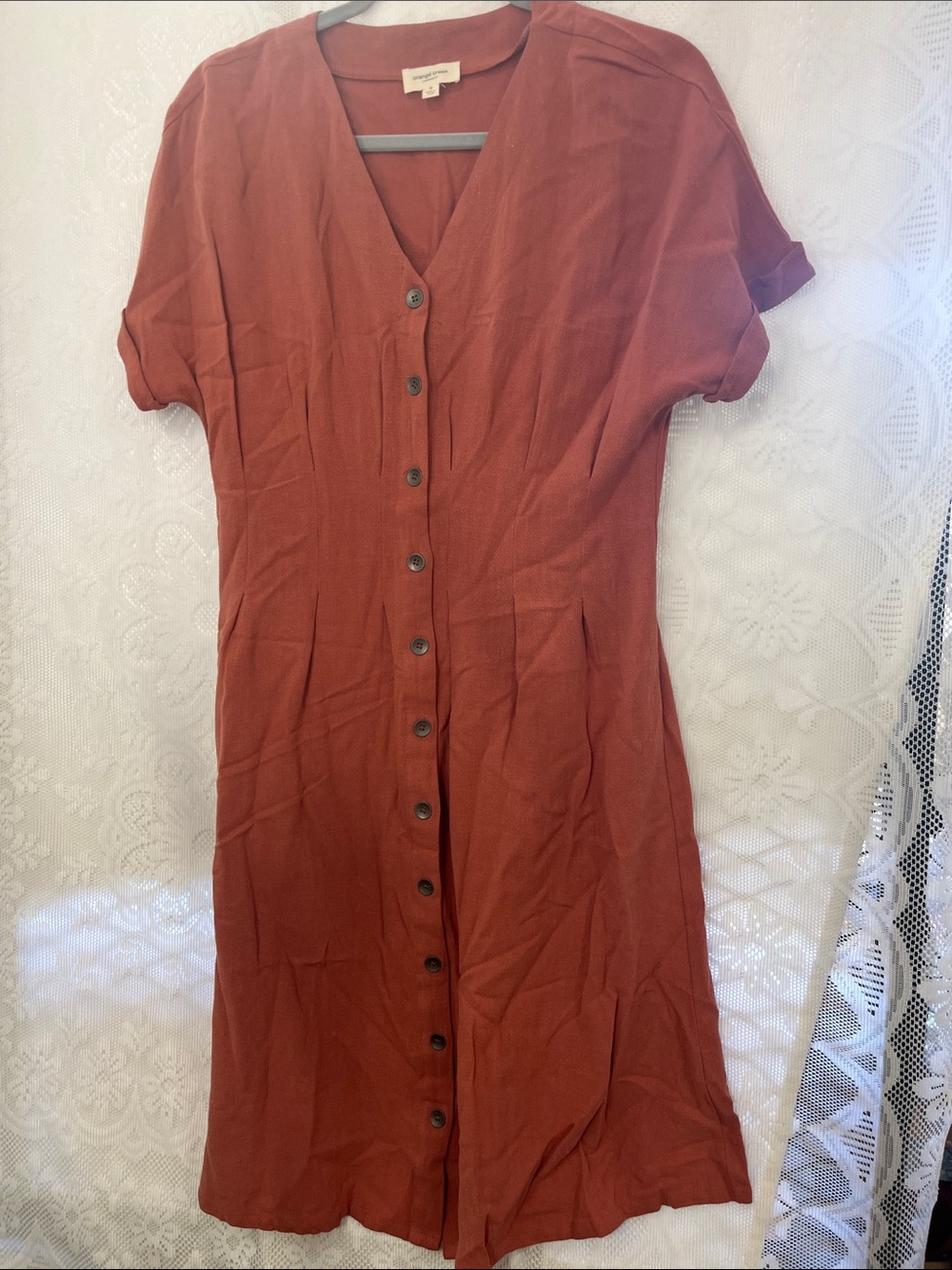 orange creek Rust Linen Blend V-Neck Midi Dress S